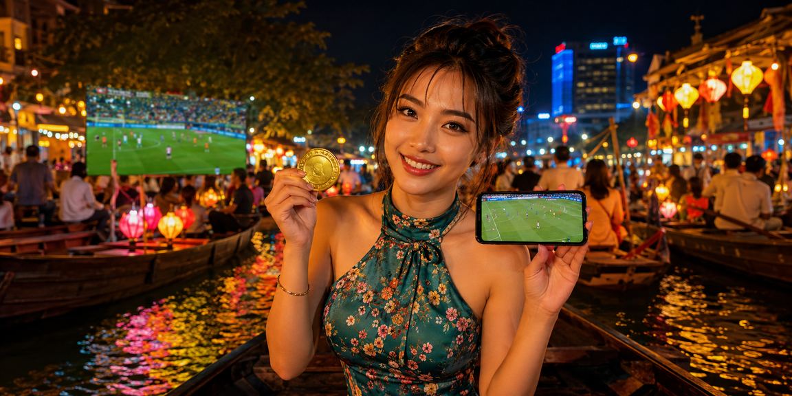 Người dùng ở chợ đêm Huế thao tác đăng nhập giải trí mobile